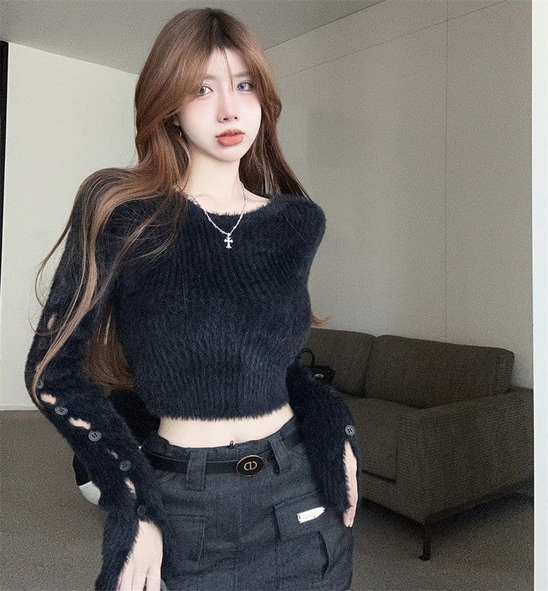 핫걸 부드러운 찹쌀 디자인 센스 단추 찢어진 부분 니트 스웨터 여자 봄 순수한 욕망 만나는 쇼트 스타일 맨위 상세 이미지 12
