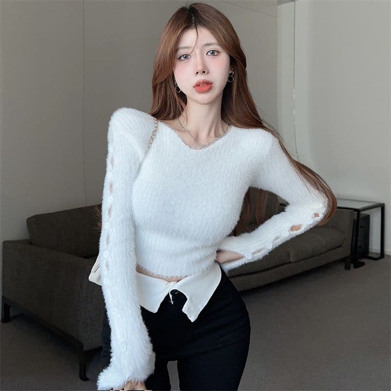 핫걸 부드러운 찹쌀 디자인 센스 단추 찢어진 부분 니트 스웨터 여자 봄 순수한 욕망 만나는 쇼트 스타일 맨위 상세 이미지 15