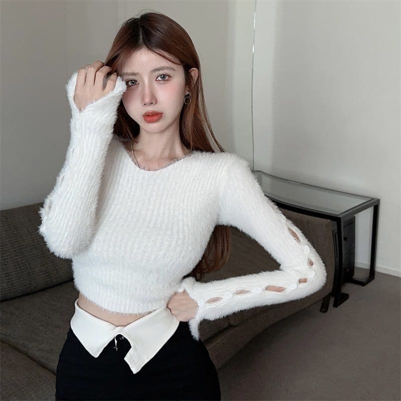 핫걸 부드러운 찹쌀 디자인 센스 단추 찢어진 부분 니트 스웨터 여자 봄 순수한 욕망 만나는 쇼트 스타일 맨위 상세 이미지 17