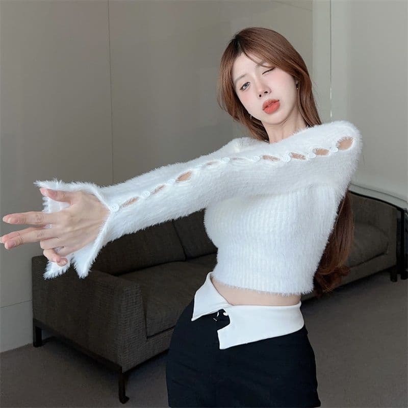 핫걸 부드러운 찹쌀 디자인 센스 단추 찢어진 부분 니트 스웨터 여자 봄 순수한 욕망 만나는 쇼트 스타일 맨위 상세 이미지 22