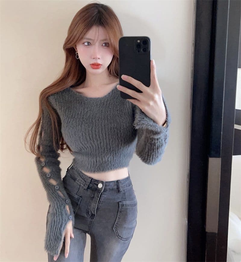 핫걸 부드러운 찹쌀 디자인 센스 단추 찢어진 부분 니트 스웨터 여자 봄 순수한 욕망 만나는 쇼트 스타일 맨위 상세 이미지 23
