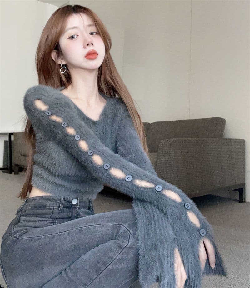 핫걸 부드러운 찹쌀 디자인 센스 단추 찢어진 부분 니트 스웨터 여자 봄 순수한 욕망 만나는 쇼트 스타일 맨위 상세 이미지 26