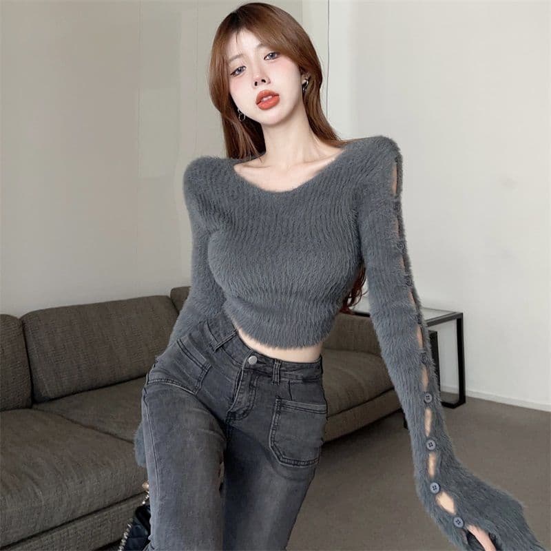 핫걸 부드러운 찹쌀 디자인 센스 단추 찢어진 부분 니트 스웨터 여자 봄 순수한 욕망 만나는 쇼트 스타일 맨위 상세 이미지 27