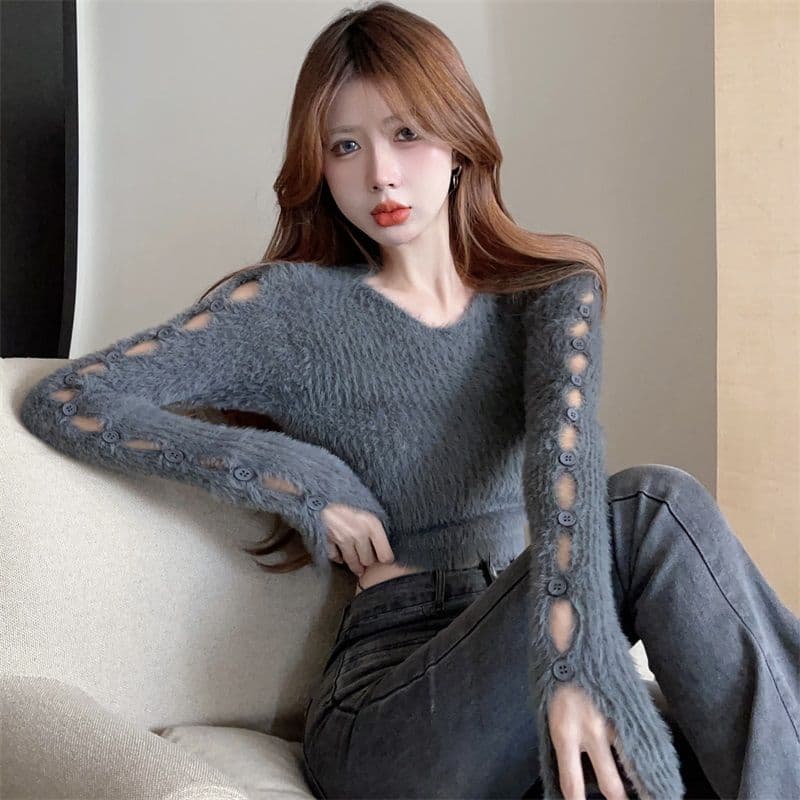 핫걸 부드러운 찹쌀 디자인 센스 단추 찢어진 부분 니트 스웨터 여자 봄 순수한 욕망 만나는 쇼트 스타일 맨위 상세 이미지 31