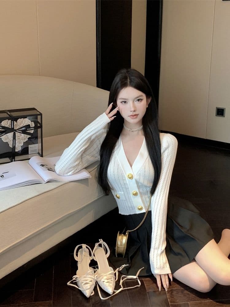 파란색 긴팔 V넥 니트 스웨터 여성 가을 빛 요리 한 프랑스식 품격 몸매 가꾸기 쇼트 스타일 오픈 가디건 맨위 이미지 2