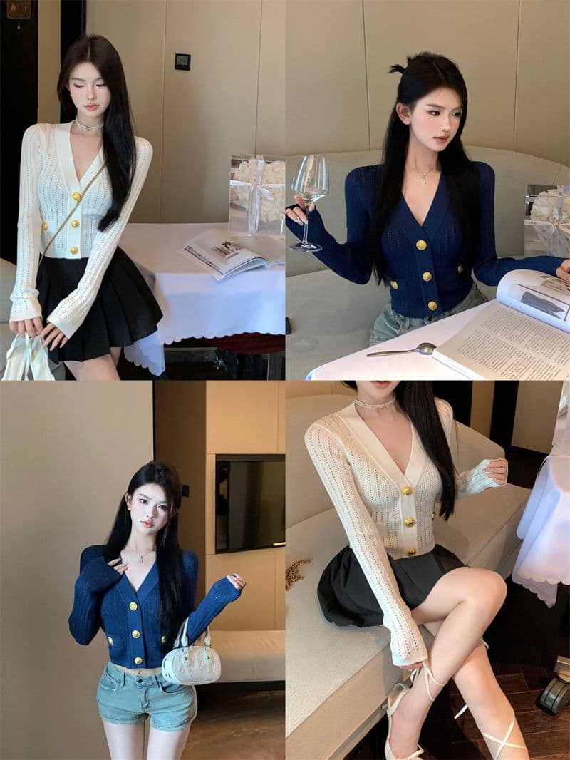파란색 긴팔 V넥 니트 스웨터 여성 가을 빛 요리 한 프랑스식 품격 몸매 가꾸기 쇼트 스타일 오픈 가디건 맨위 이미지 4