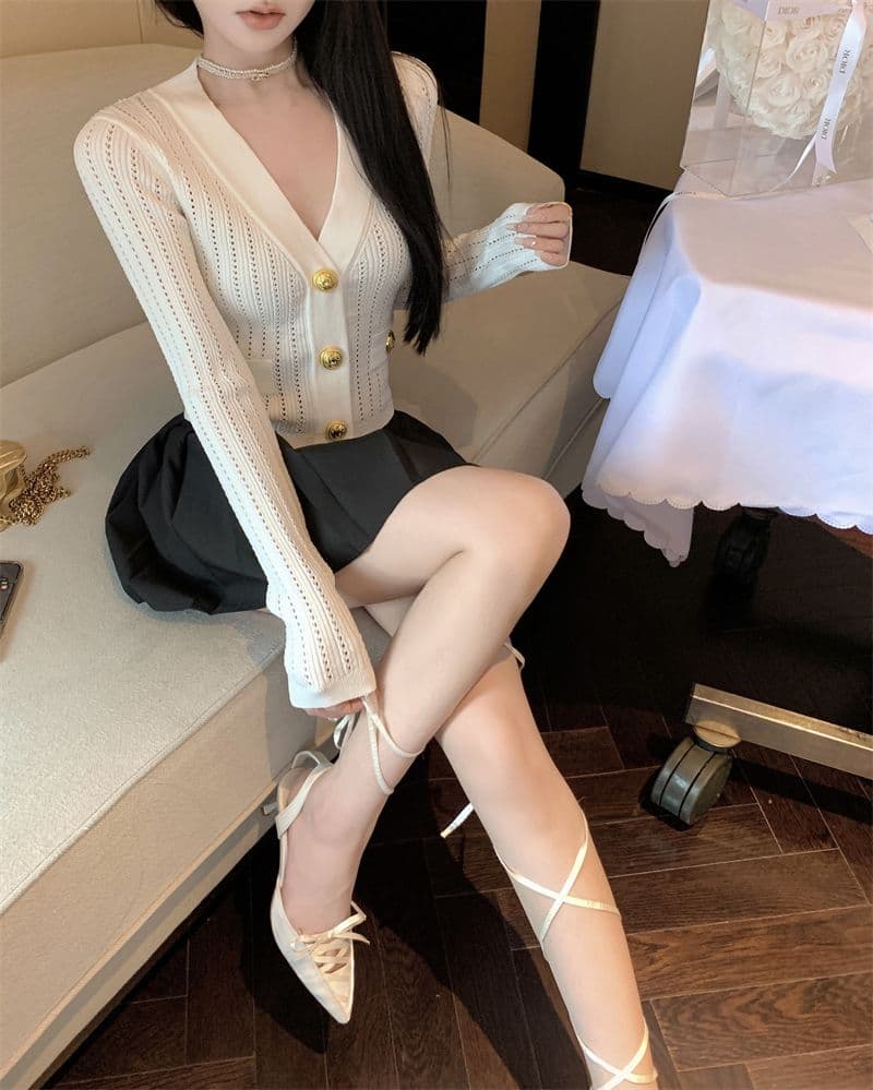 파란색 긴팔 V넥 니트 스웨터 여성 가을 빛 요리 한 프랑스식 품격 몸매 가꾸기 쇼트 스타일 오픈 가디건 맨위 상세 이미지 1