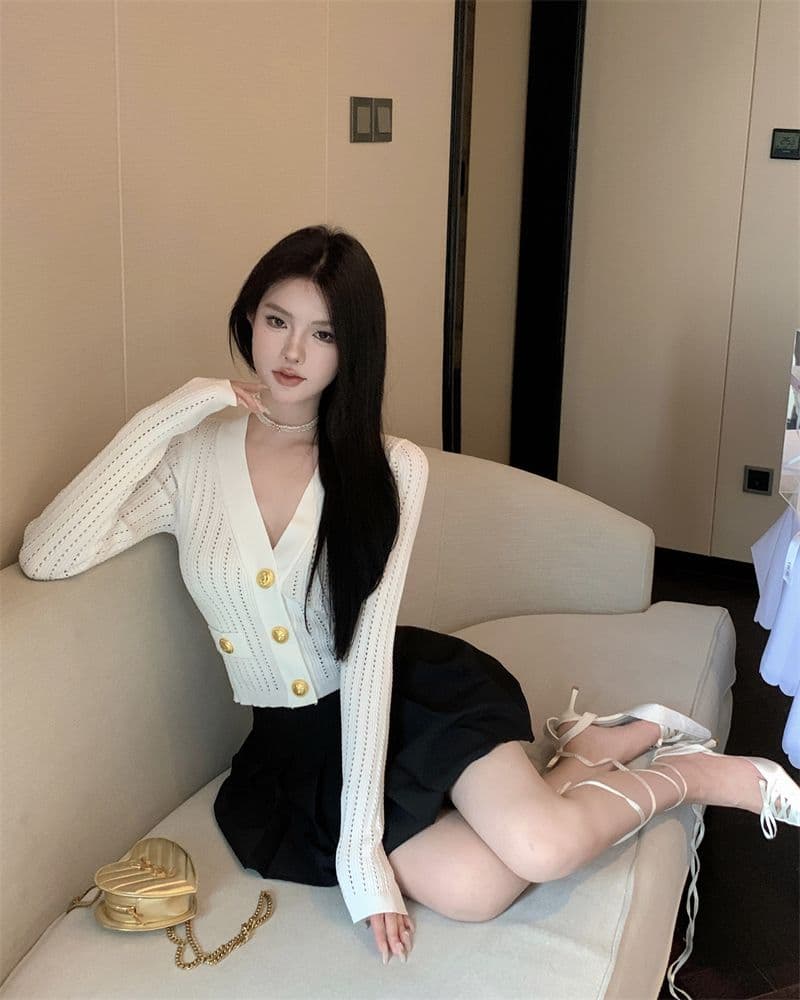 파란색 긴팔 V넥 니트 스웨터 여성 가을 빛 요리 한 프랑스식 품격 몸매 가꾸기 쇼트 스타일 오픈 가디건 맨위 상세 이미지 6