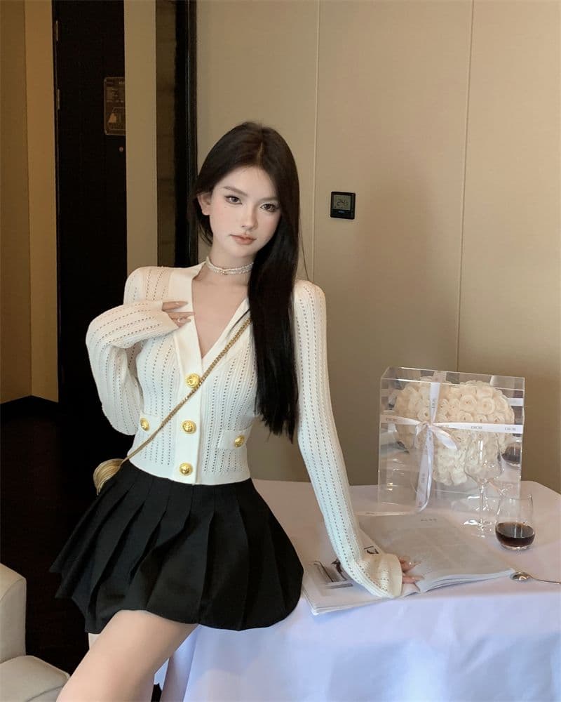 파란색 긴팔 V넥 니트 스웨터 여성 가을 빛 요리 한 프랑스식 품격 몸매 가꾸기 쇼트 스타일 오픈 가디건 맨위 상세 이미지 7