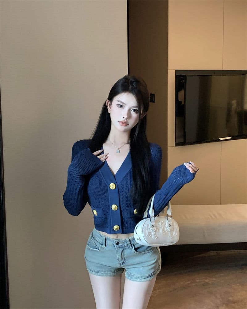 파란색 긴팔 V넥 니트 스웨터 여성 가을 빛 요리 한 프랑스식 품격 몸매 가꾸기 쇼트 스타일 오픈 가디건 맨위 상세 이미지 10