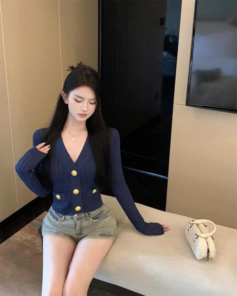 파란색 긴팔 V넥 니트 스웨터 여성 가을 빛 요리 한 프랑스식 품격 몸매 가꾸기 쇼트 스타일 오픈 가디건 맨위 상세 이미지 12