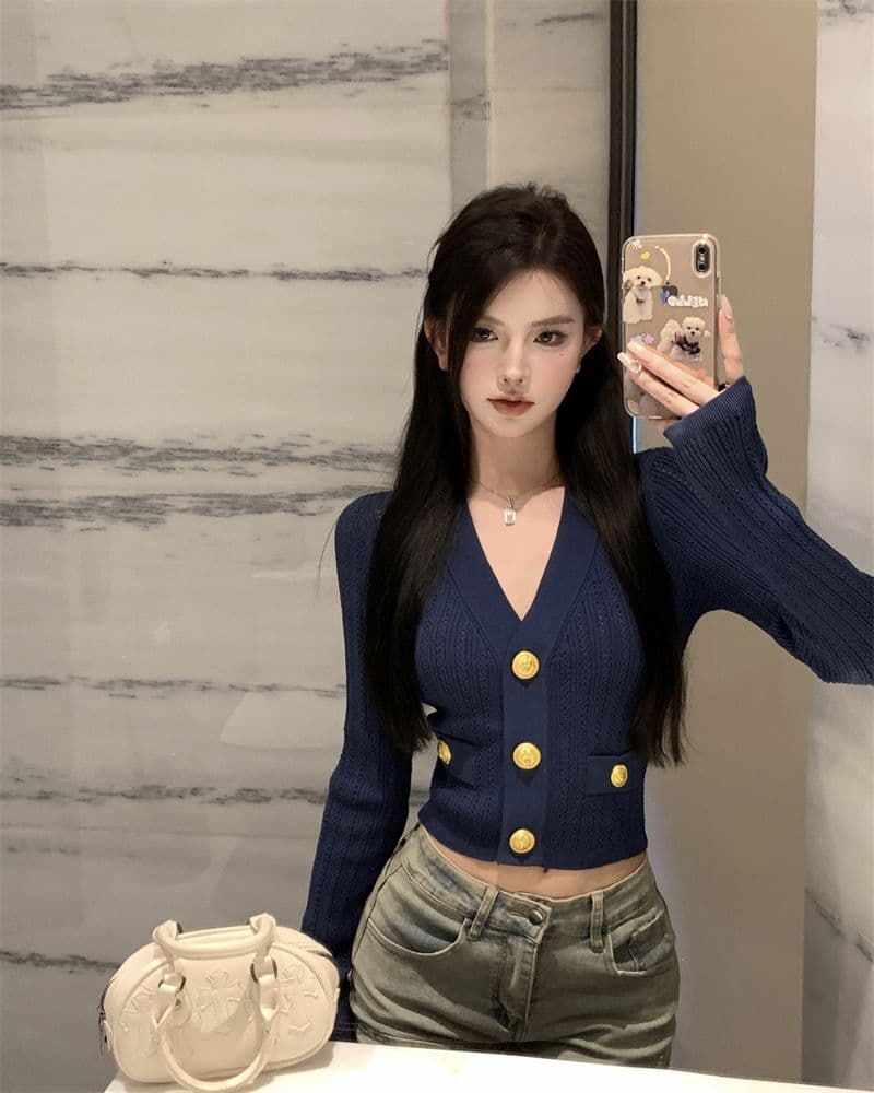 파란색 긴팔 V넥 니트 스웨터 여성 가을 빛 요리 한 프랑스식 품격 몸매 가꾸기 쇼트 스타일 오픈 가디건 맨위 상세 이미지 14