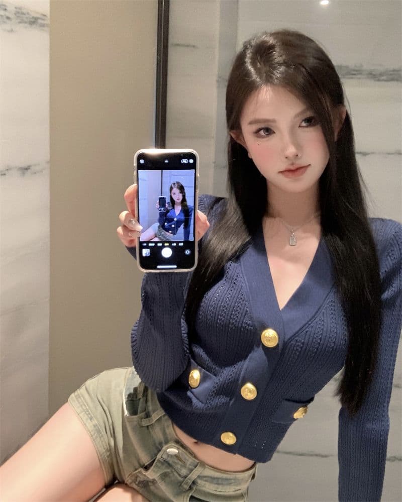 파란색 긴팔 V넥 니트 스웨터 여성 가을 빛 요리 한 프랑스식 품격 몸매 가꾸기 쇼트 스타일 오픈 가디건 맨위 상세 이미지 17