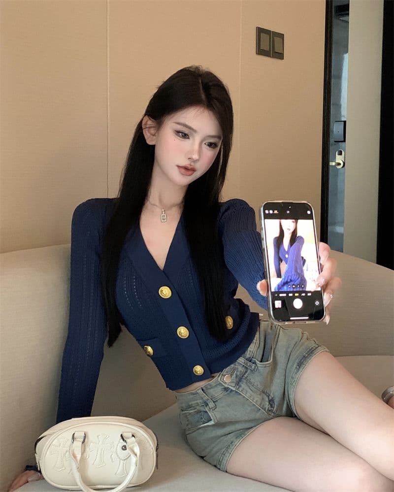 파란색 긴팔 V넥 니트 스웨터 여성 가을 빛 요리 한 프랑스식 품격 몸매 가꾸기 쇼트 스타일 오픈 가디건 맨위 상세 이미지 19
