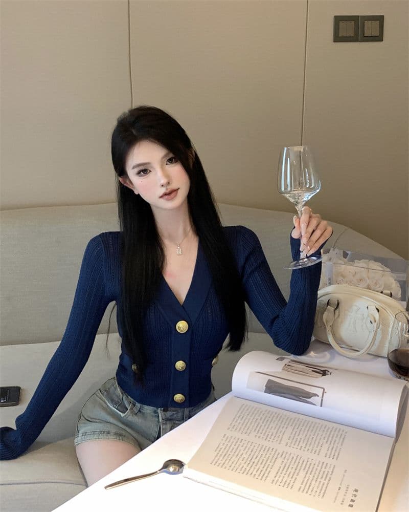 파란색 긴팔 V넥 니트 스웨터 여성 가을 빛 요리 한 프랑스식 품격 몸매 가꾸기 쇼트 스타일 오픈 가디건 맨위 상세 이미지 20