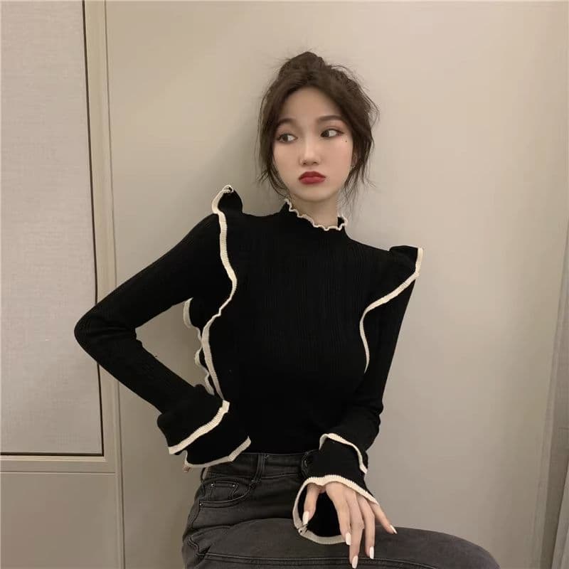 슈퍼 잘 생긴 긴팔 니트 스웨터 2026 가을 chic Chic 작은 대중 반하이넥 인사이드 가져 가라. 기본 셔츠 여성