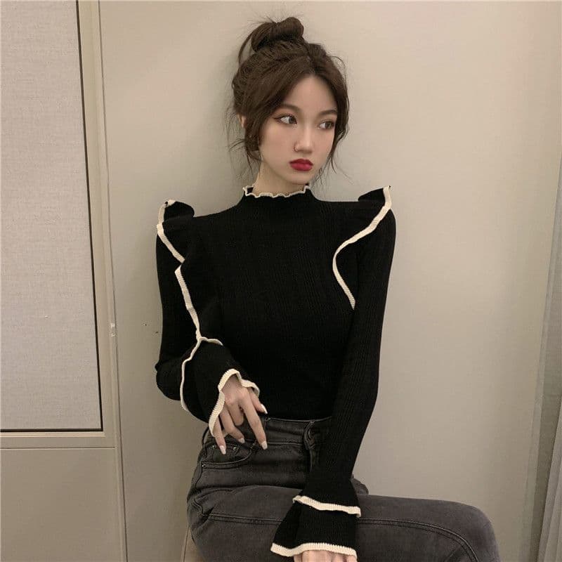 슈퍼 잘 생긴 긴팔 니트 스웨터 2026 가을 chic Chic 작은 대중 반하이넥 인사이드 가져 가라. 기본 셔츠 여성 이미지 4