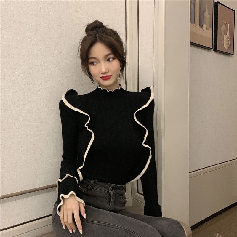 슈퍼 잘 생긴 긴팔 니트 스웨터 2026 가을 chic Chic 작은 대중 반하이넥 인사이드 가져 가라. 기본 셔츠 여성 상세 이미지 3