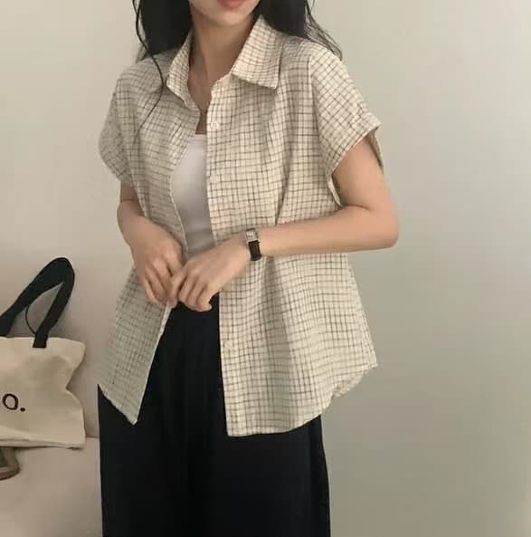 한국 chic 여름 학생 싱글 줄 버튼 루즈핏 반팔 체크무늬 셔츠 이미지 3