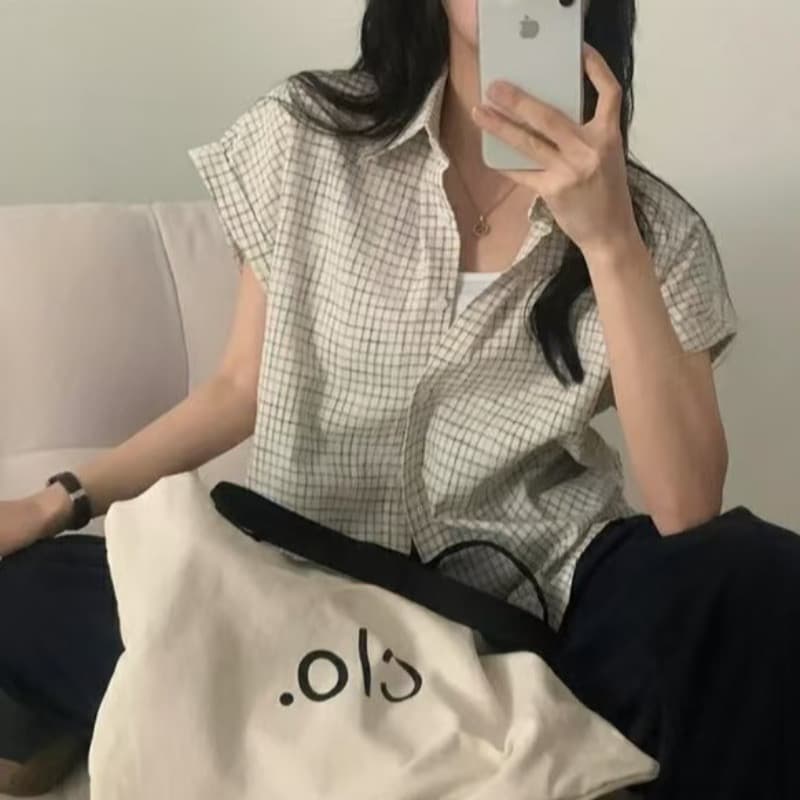 한국 chic 여름 학생 싱글 줄 버튼 루즈핏 반팔 체크무늬 셔츠 이미지 5