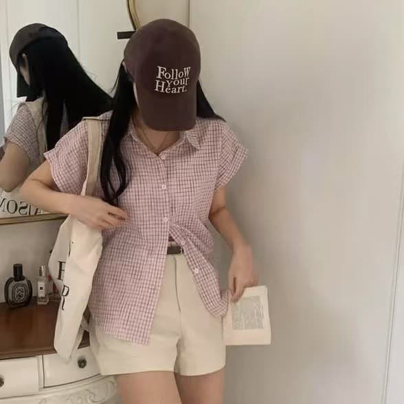한국 chic 여름 학생 싱글 줄 버튼 루즈핏 반팔 체크무늬 셔츠 상세 이미지 3
