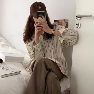 새로운 스택 착용 세로 줄무늬 여성 셔츠 디자인 센스 작은 대중 긴팔 맨위 루즈핏 셔츠 이미지 2