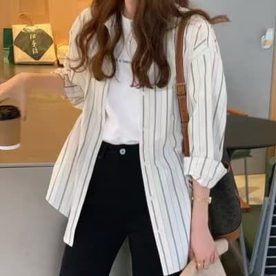 새로운 스택 착용 세로 줄무늬 여성 셔츠 디자인 센스 작은 대중 긴팔 맨위 루즈핏 셔츠 상세 이미지 2