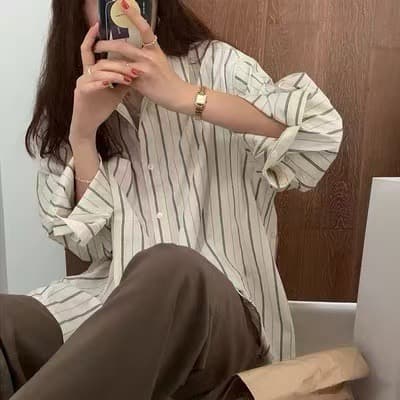 새로운 스택 착용 세로 줄무늬 여성 셔츠 디자인 센스 작은 대중 긴팔 맨위 루즈핏 셔츠 상세 이미지 4