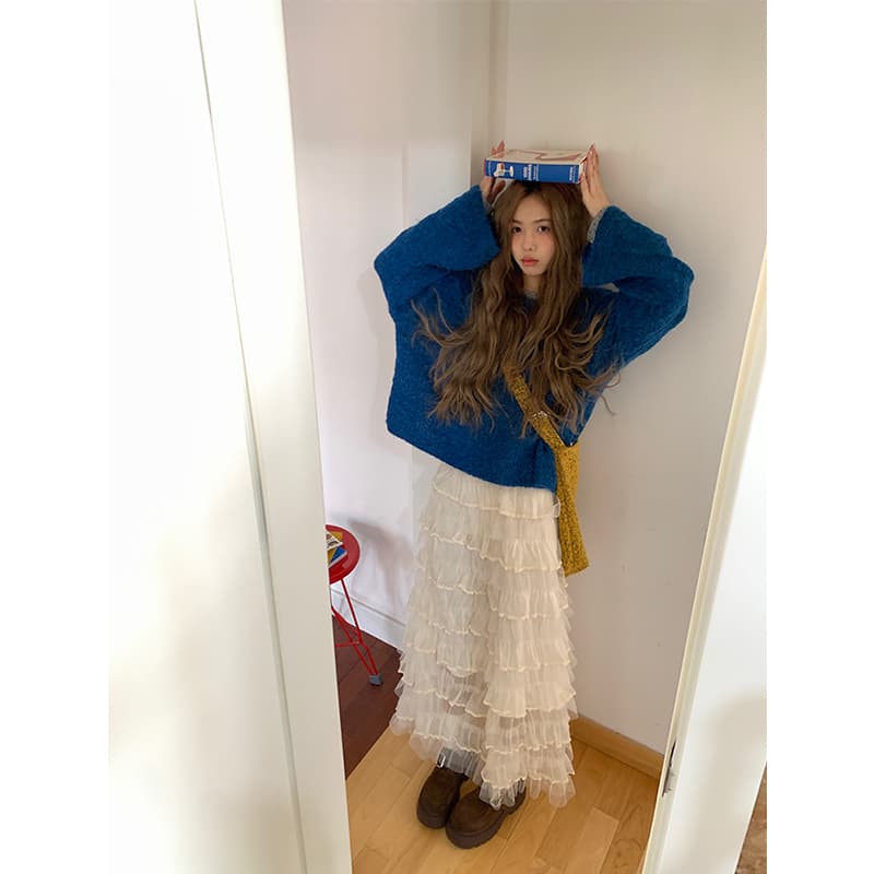 가을 착용 가져 가라. 에이즈 환자 세트 여성 한 부서 느긋한 바람 V넥 풀오버 캐주얼 케이크 퍼프 반신 치마 이미지 5