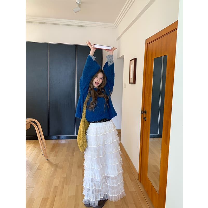 가을 착용 가져 가라. 에이즈 환자 세트 여성 한 부서 느긋한 바람 V넥 풀오버 캐주얼 케이크 퍼프 반신 치마 이미지 3