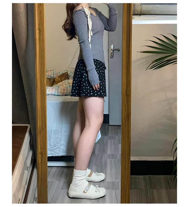 부드러운 바람 레트로 bm 꽃무늬 반신 스커트 여성 벨트 안감 작은 키 하이웨이스트 몸매 가꾸기 검정색 한 마디 미니 스커트 여름 상세 이미지 6