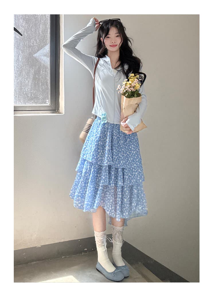 파란색 꽃무늬 불규칙 반신 스커트 여성 여름 새로운 계층의 감각 한 마디 미니 스커트 작은 키 케이크 드레스 중간 스커트 상세 이미지 7