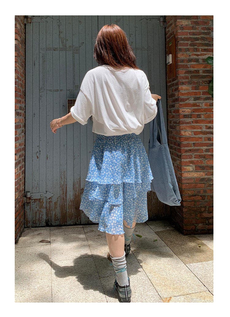 파란색 꽃무늬 불규칙 반신 스커트 여성 여름 새로운 계층의 감각 한 마디 미니 스커트 작은 키 케이크 드레스 중간 스커트 상세 이미지 10