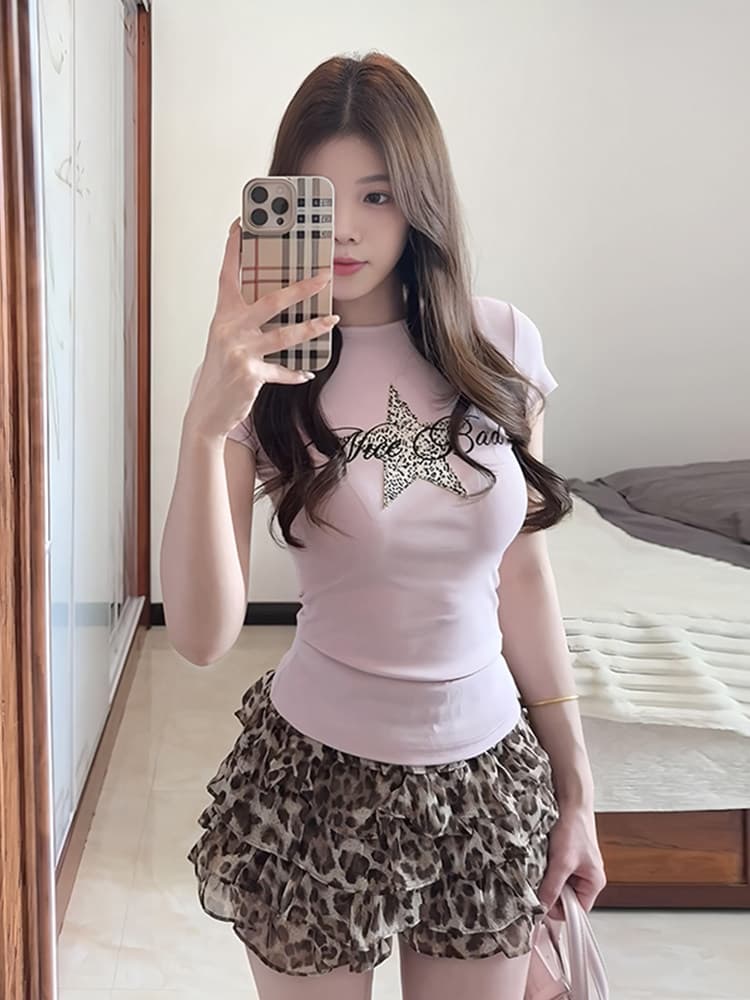 한 부서 작은 대중 디자인 레오파드 무늬 퍼프 케이크 미니 스커트 여성 여름 작은 키 하이웨이스트 연령 감소 다용도 반신 치마 상세 이미지 6