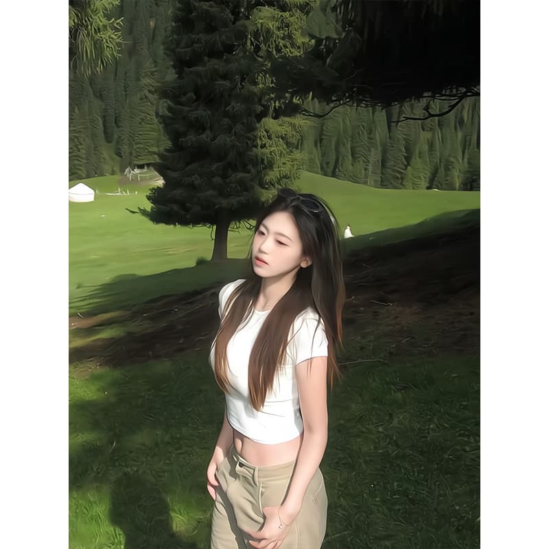 화이트 몸매 가꾸기 반팔 티셔츠 여성 여름 라운드 넥 타이트 슈퍼 잘 생긴 순수한 욕망 바람 Chic 핫걸 작은 맨위 이미지 5