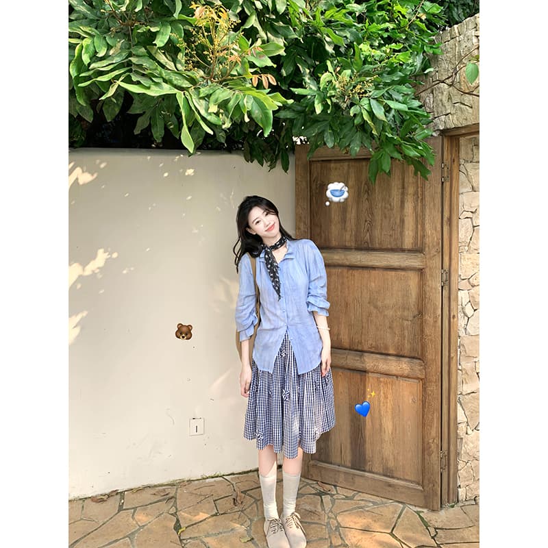 iszizii 3 차원 꽃 miu 부서 블루 화이트 체크무늬 중간 스커트 여성 여름 표지 넓적 다리 다용도 한 마디 반신 미니 스커트 이미지 5