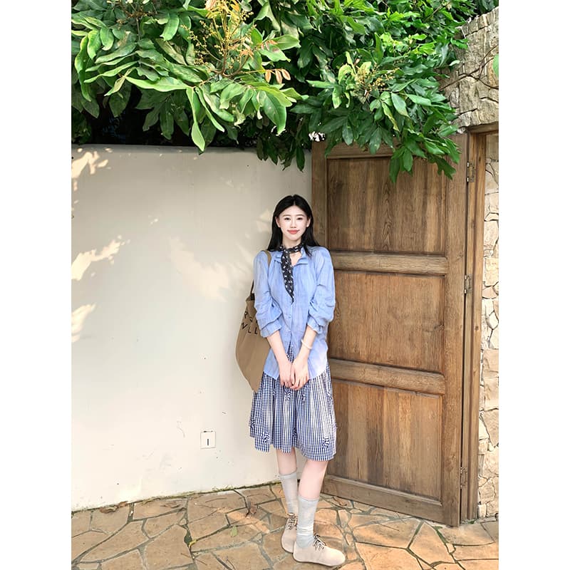 iszizii 3 차원 꽃 miu 부서 블루 화이트 체크무늬 중간 스커트 여성 여름 표지 넓적 다리 다용도 한 마디 반신 미니 스커트 이미지 3