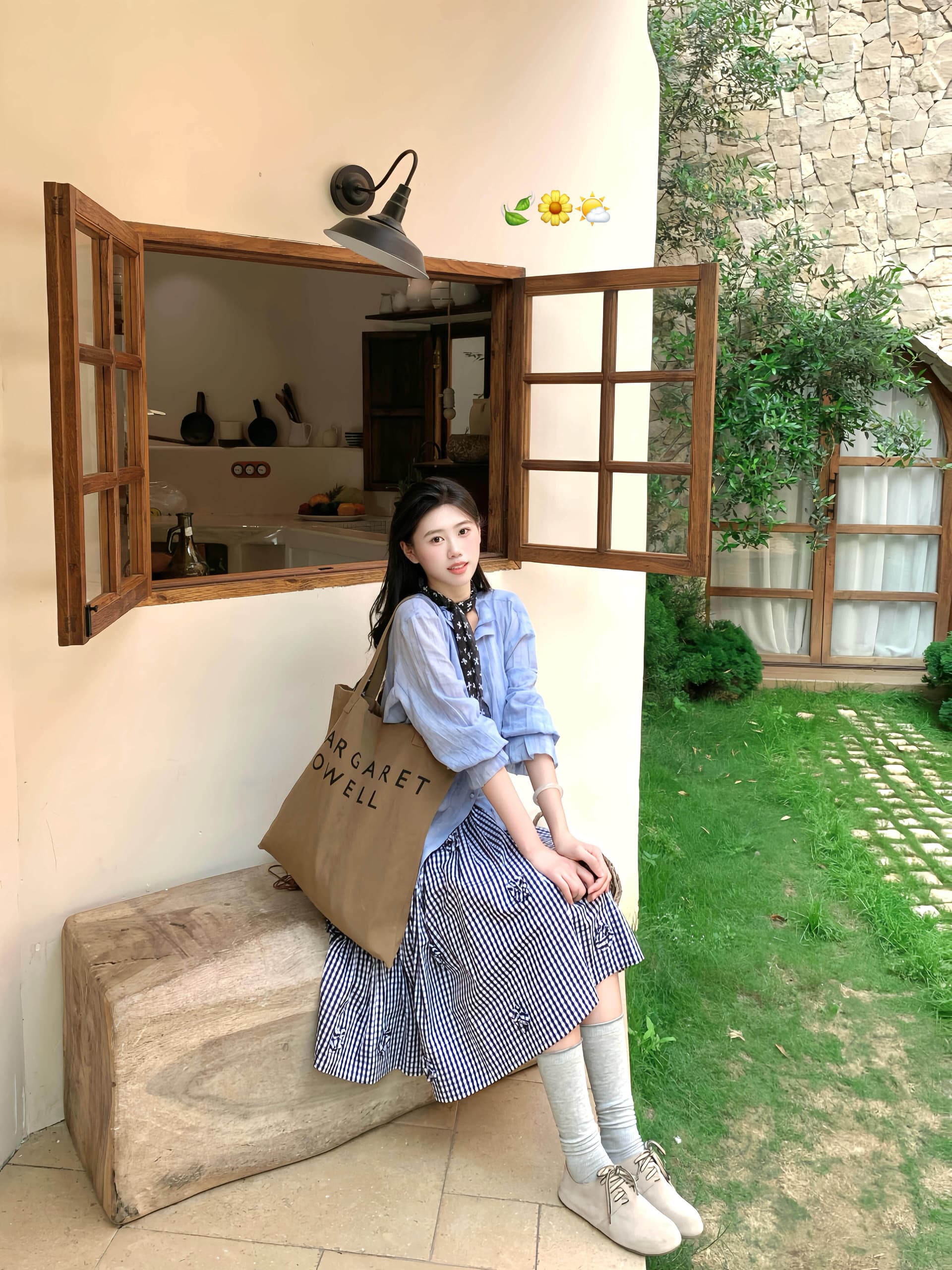 iszizii 3 차원 꽃 miu 부서 블루 화이트 체크무늬 중간 스커트 여성 여름 표지 넓적 다리 다용도 한 마디 반신 미니 스커트 상세 이미지 4