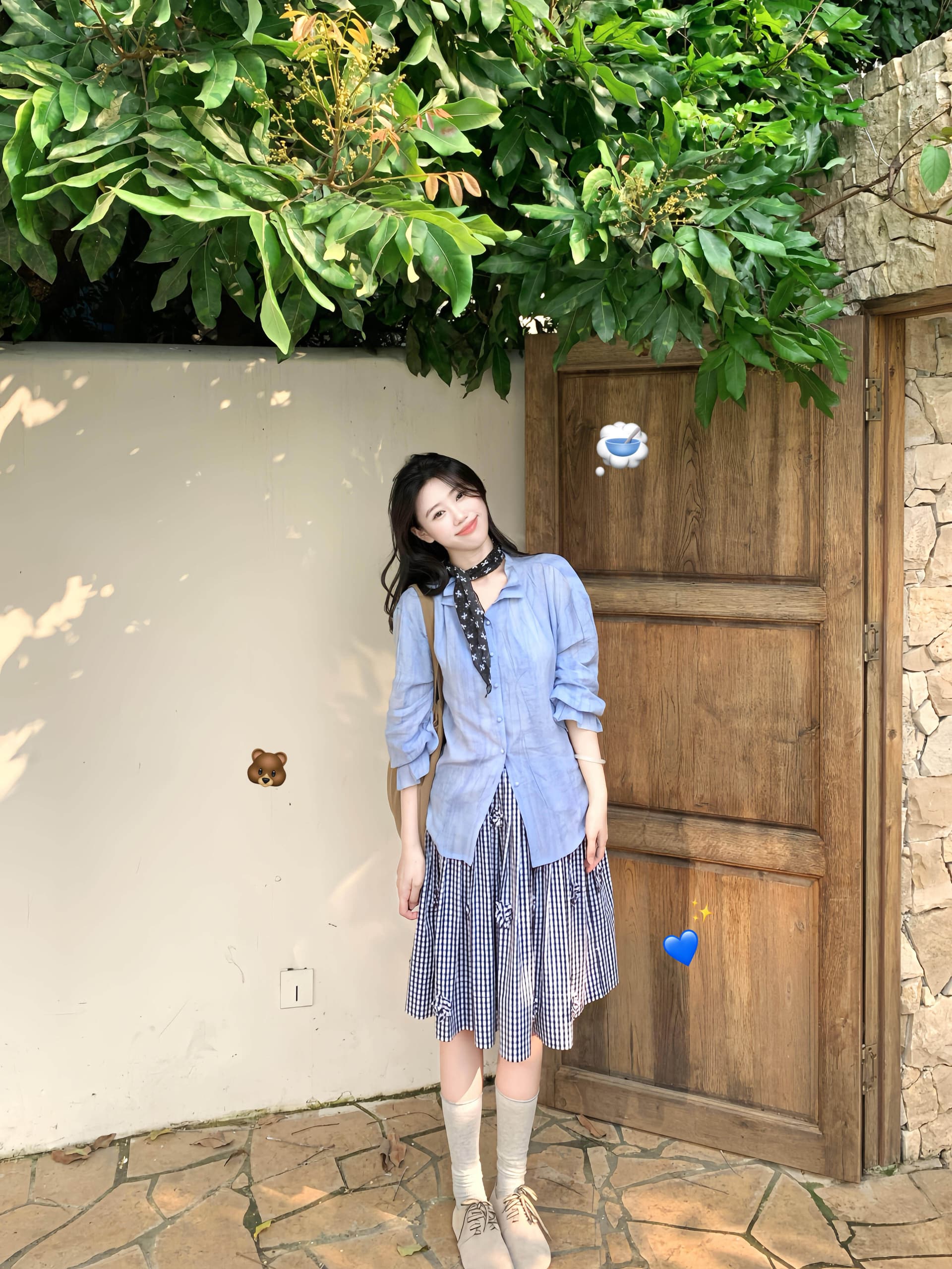 iszizii 3 차원 꽃 miu 부서 블루 화이트 체크무늬 중간 스커트 여성 여름 표지 넓적 다리 다용도 한 마디 반신 미니 스커트 상세 이미지 6