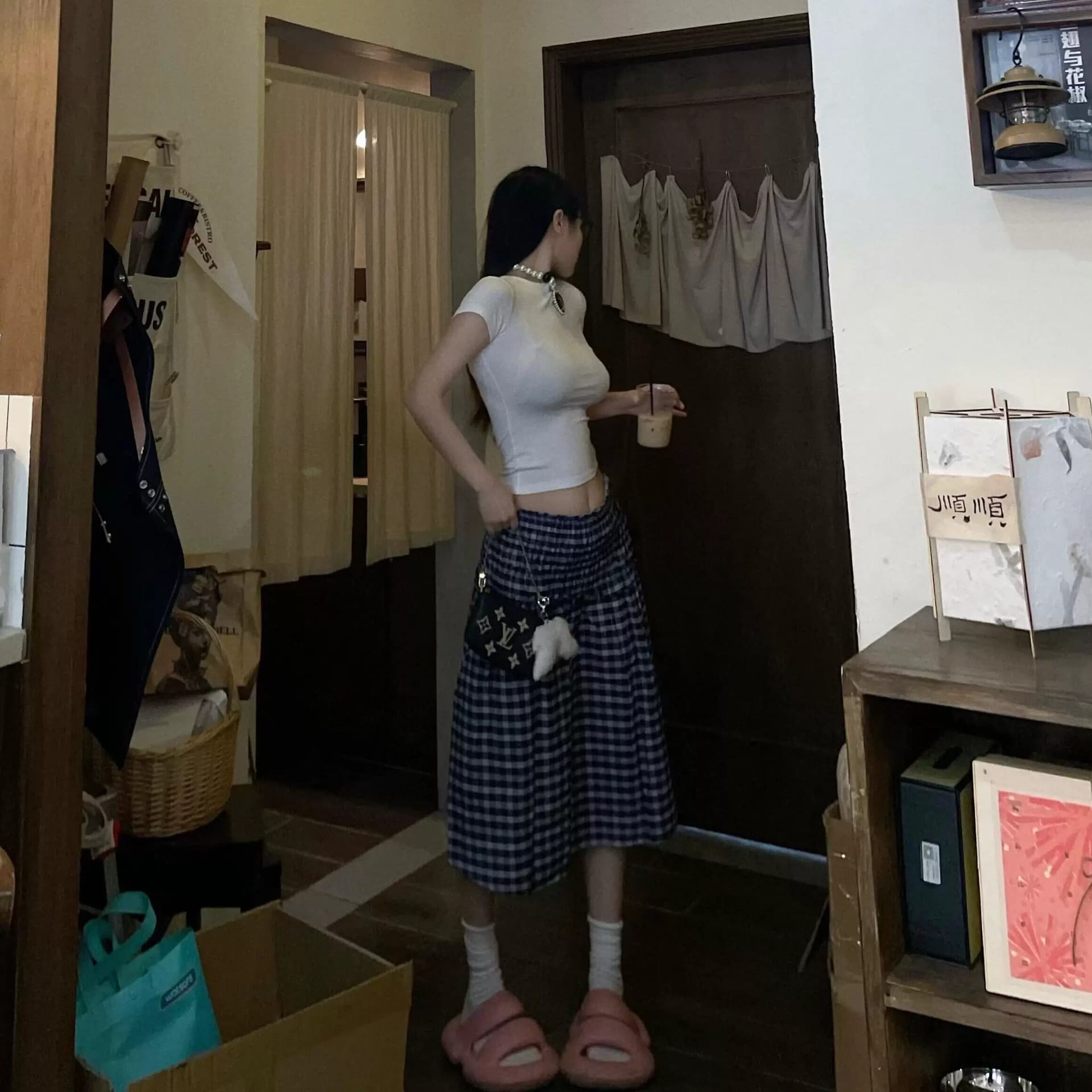 파란색 체크무늬 반신 스커트 여성 여름 루즈핏 중간 길이 스커트 우산 치마 순수한 욕망 바람 다용도 하이웨이스트 반 스커트 한 마디 치마 이미지 2