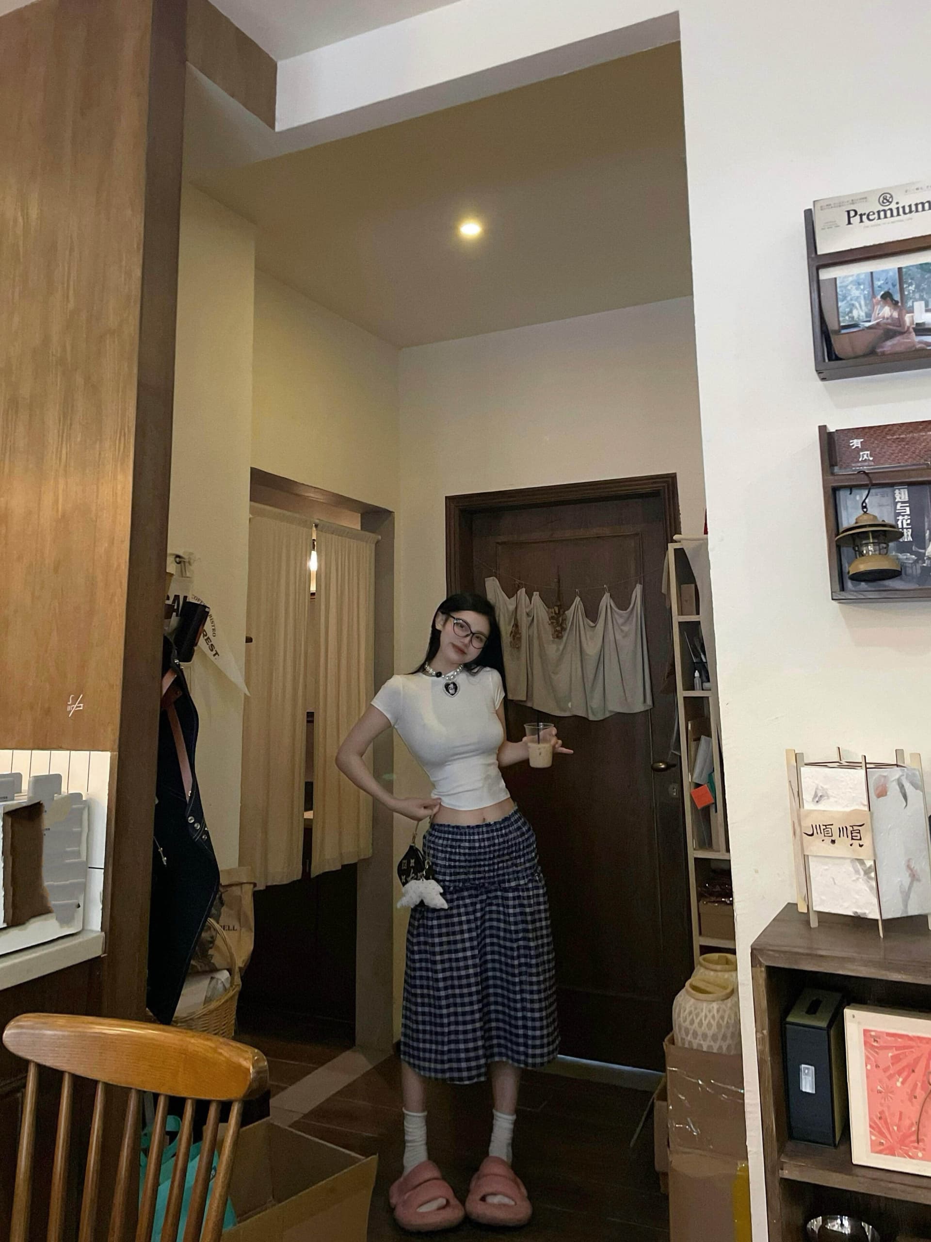 파란색 체크무늬 반신 스커트 여성 여름 루즈핏 중간 길이 스커트 우산 치마 순수한 욕망 바람 다용도 하이웨이스트 반 스커트 한 마디 치마 상세 이미지 2