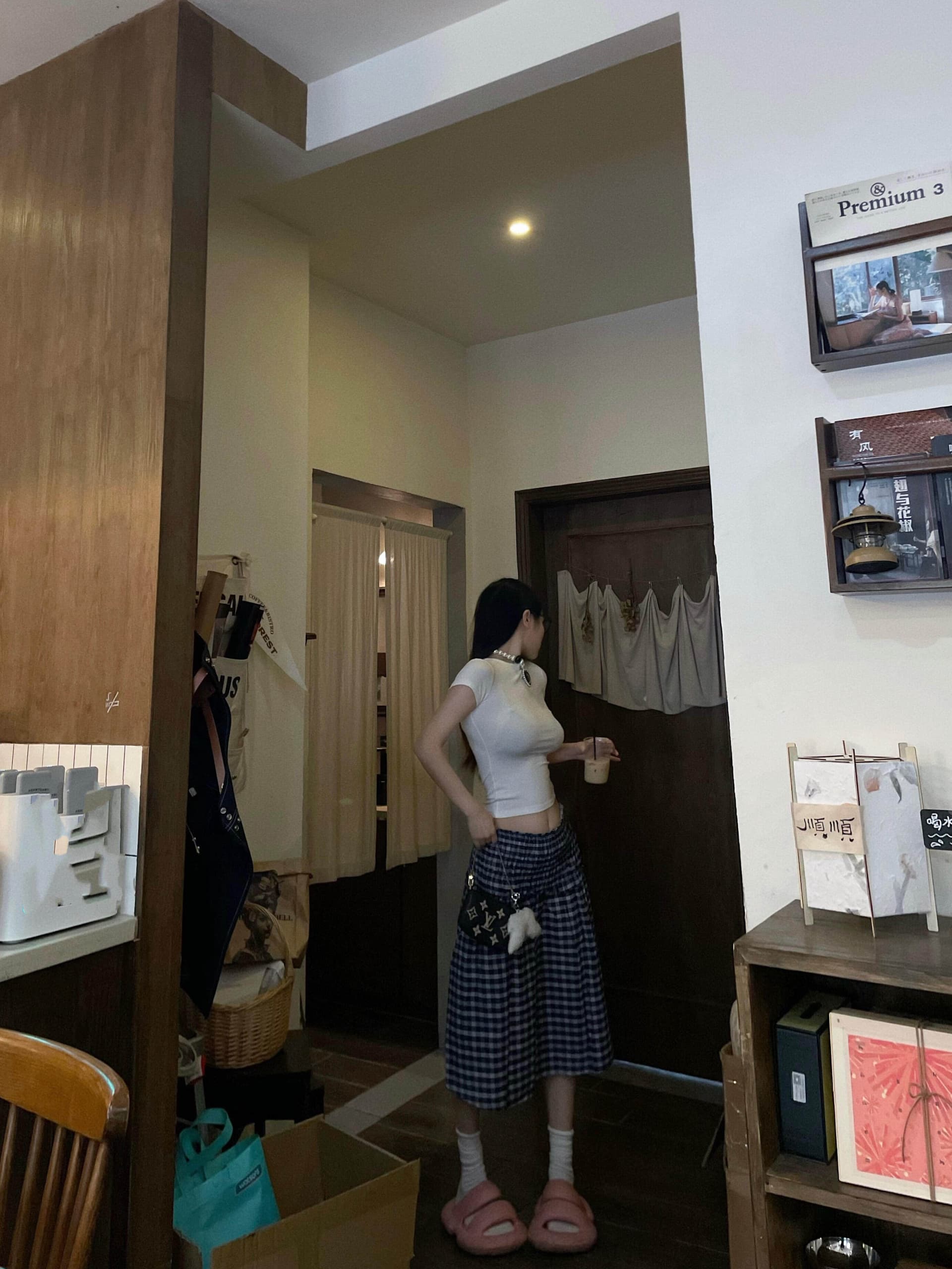파란색 체크무늬 반신 스커트 여성 여름 루즈핏 중간 길이 스커트 우산 치마 순수한 욕망 바람 다용도 하이웨이스트 반 스커트 한 마디 치마 상세 이미지 5