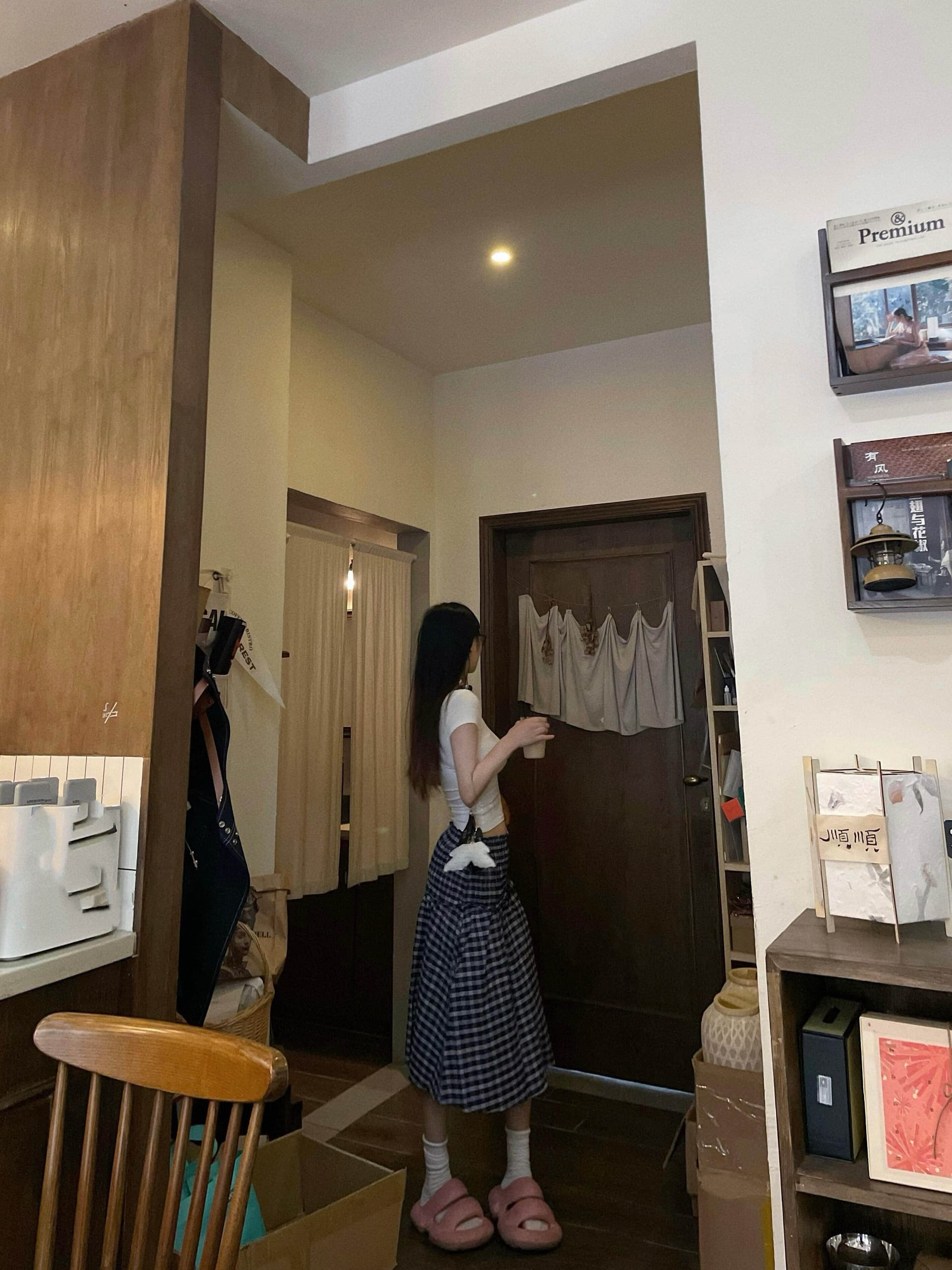 파란색 체크무늬 반신 스커트 여성 여름 루즈핏 중간 길이 스커트 우산 치마 순수한 욕망 바람 다용도 하이웨이스트 반 스커트 한 마디 치마 상세 이미지 6