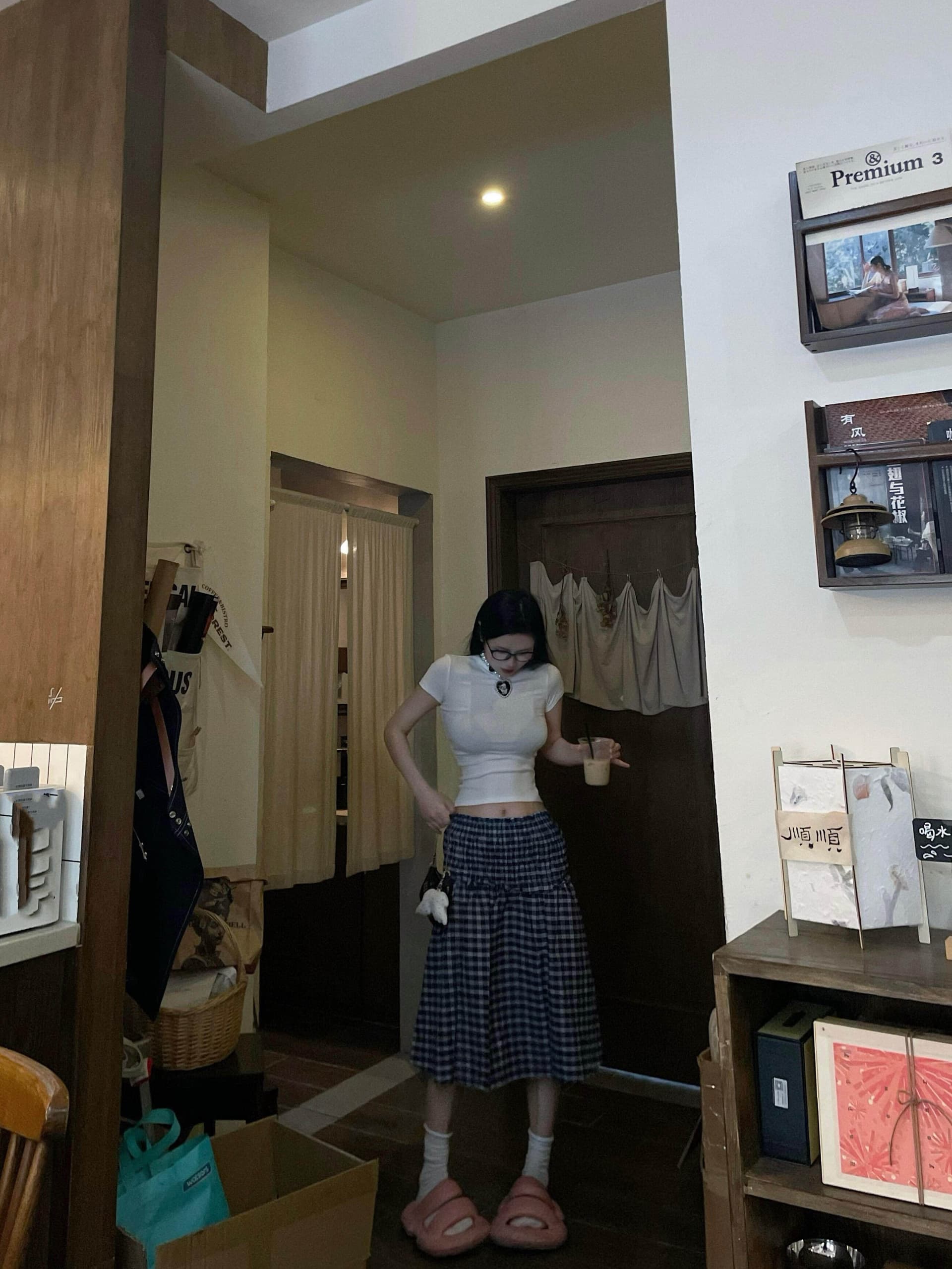 파란색 체크무늬 반신 스커트 여성 여름 루즈핏 중간 길이 스커트 우산 치마 순수한 욕망 바람 다용도 하이웨이스트 반 스커트 한 마디 치마 상세 이미지 7