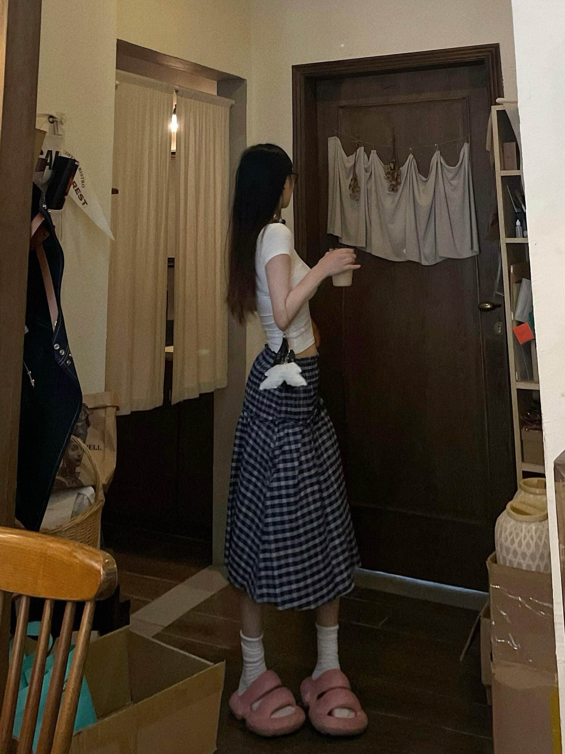 파란색 체크무늬 반신 스커트 여성 여름 루즈핏 중간 길이 스커트 우산 치마 순수한 욕망 바람 다용도 하이웨이스트 반 스커트 한 마디 치마 상세 이미지 11