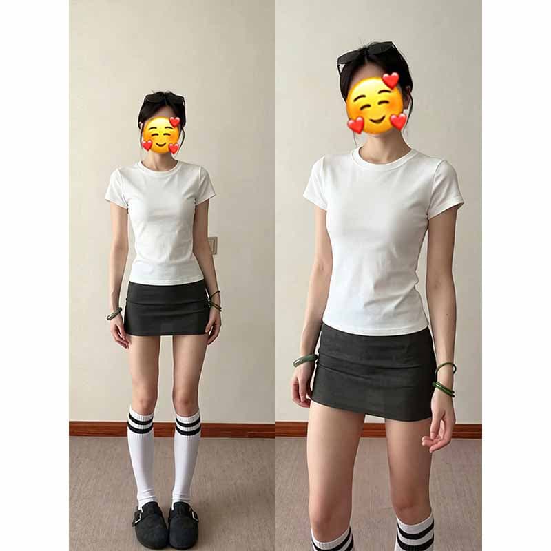 화이트 라운드 넥 반팔 티셔츠 여성 여름 몸매 가꾸기 익스트림 제인 슬림해 보이는 캐주얼 기초 섹션 인사이드 가져 가라. 만나는 맨위 이미지 4