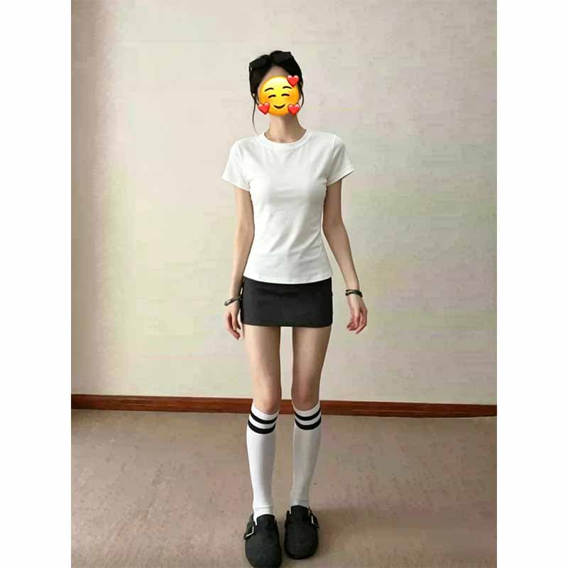 화이트 라운드 넥 반팔 티셔츠 여성 여름 몸매 가꾸기 익스트림 제인 슬림해 보이는 캐주얼 기초 섹션 인사이드 가져 가라. 만나는 맨위 이미지 3