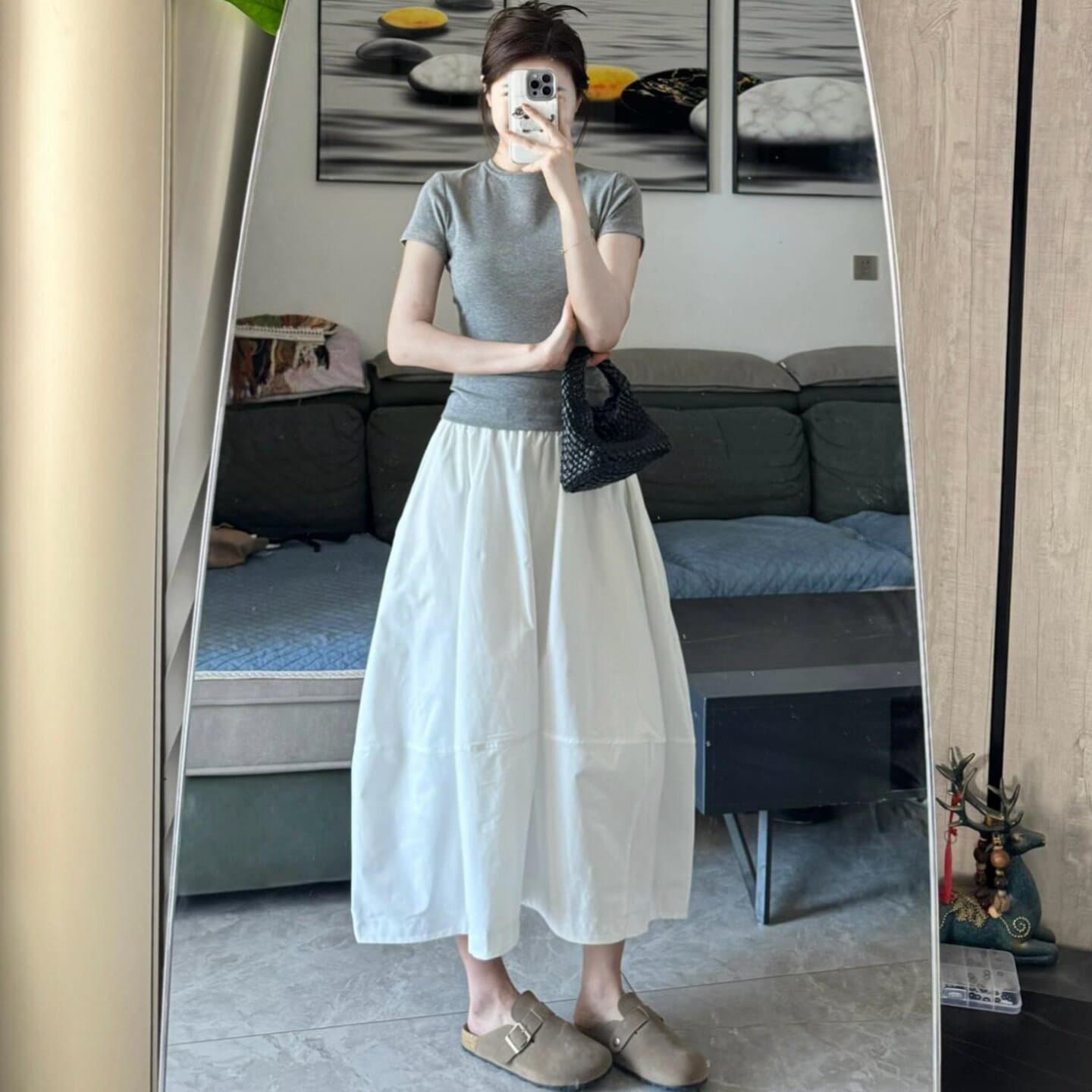 한 부서 느슨함 센스 캐주얼 스포츠 슈트 여성 여름 미니멀리즘 몸매 가꾸기 반팔 티셔츠 한 마디 반신 롱 스커트 투피스 세트 이미지 2