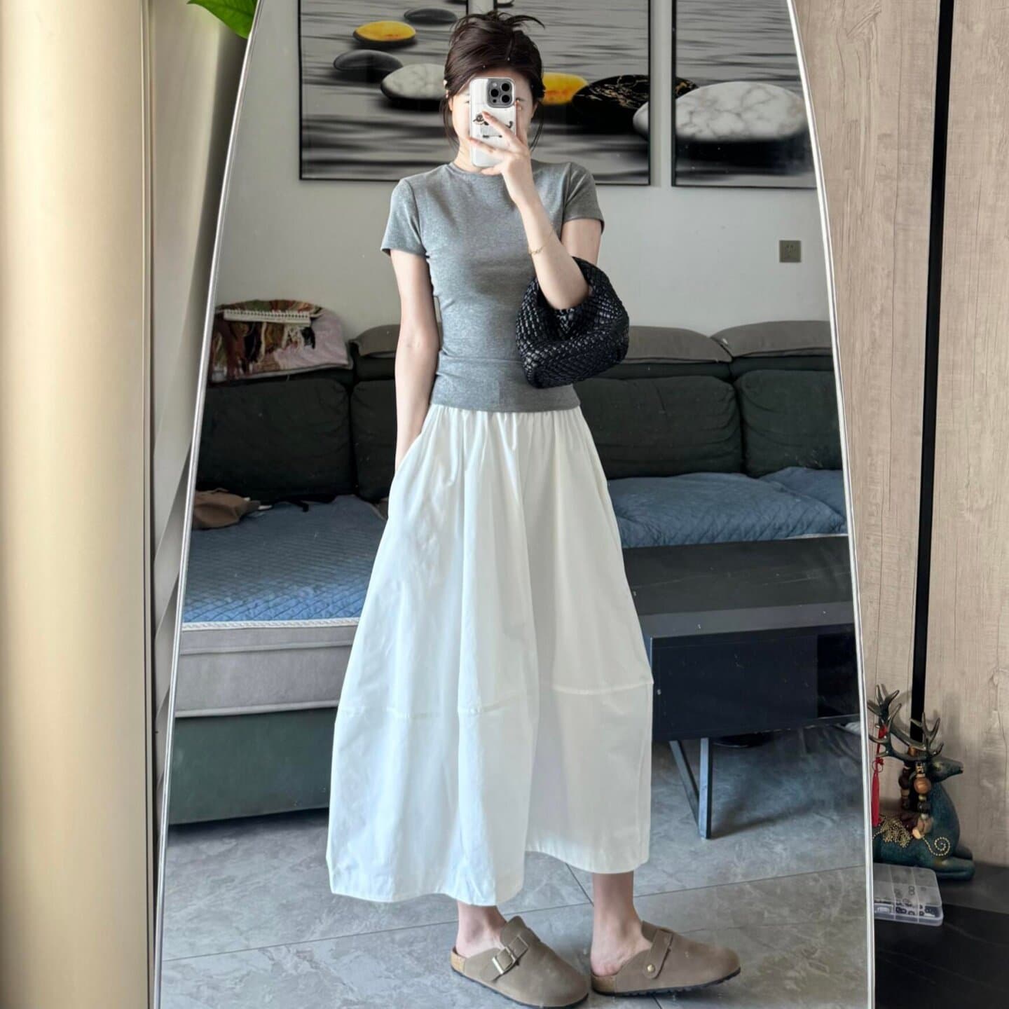 한 부서 느슨함 센스 캐주얼 스포츠 슈트 여성 여름 미니멀리즘 몸매 가꾸기 반팔 티셔츠 한 마디 반신 롱 스커트 투피스 세트 이미지 3
