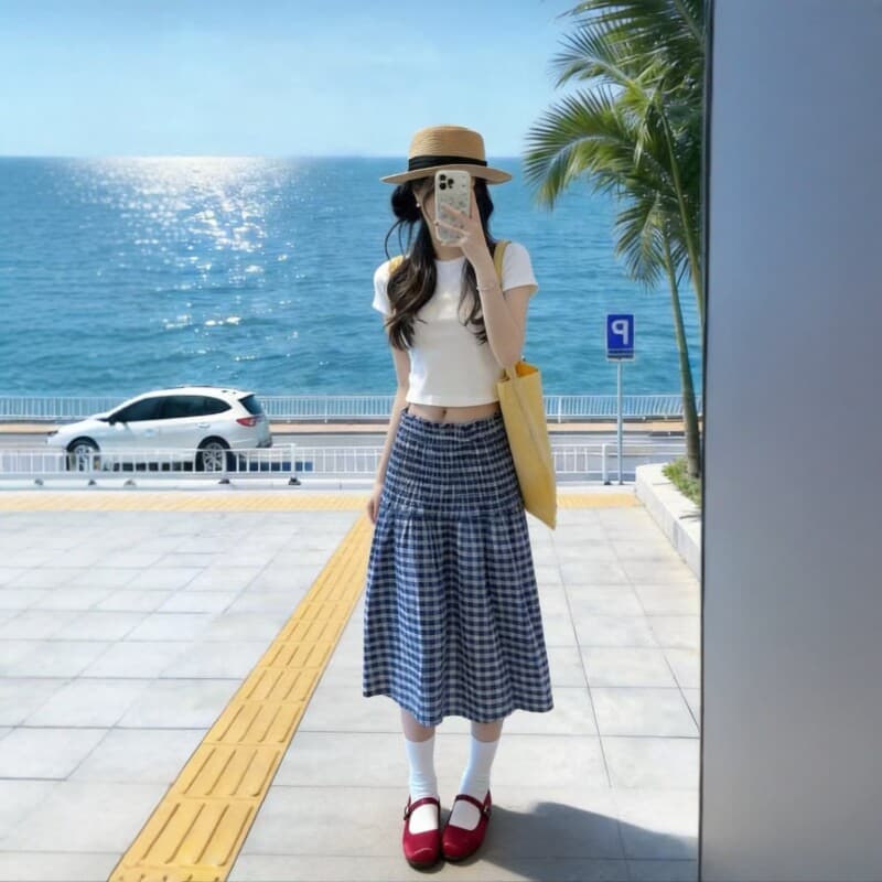 여름 착용 가져 가라. 전체 집합 2026 자이언트 잘 생긴 ~ 중 한 부서 달콤한 스타일 연령 감소 아름다운 체크무늬 반신 치마 세트 이미지 4